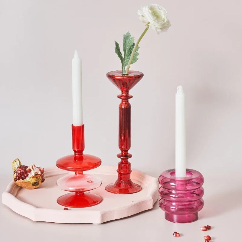 Red Glass Taper Candle Holder