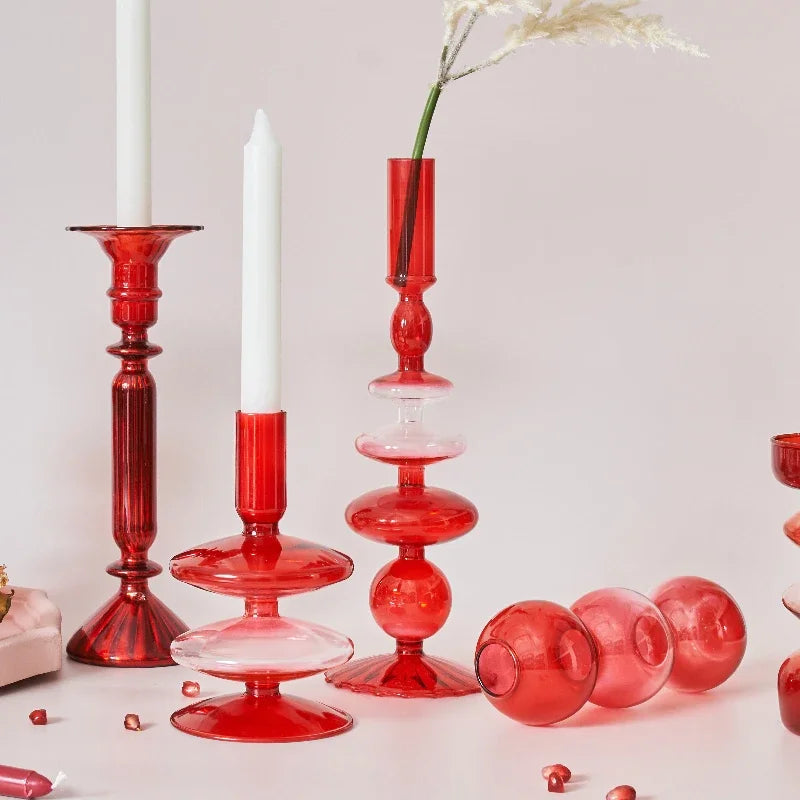 Red Glass Taper Candle Holder